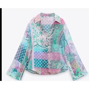 Zara Patchwork Paisley Print Semi-Sheer Button-Front Blouse Size M